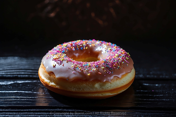 Tasty Freshly Baked Donut On Black Wooden Table