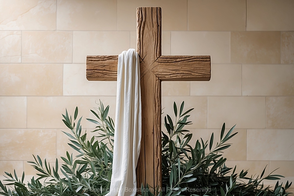 White Cloth Draped On Wooden Cross With Green Olive Leaves And Branches