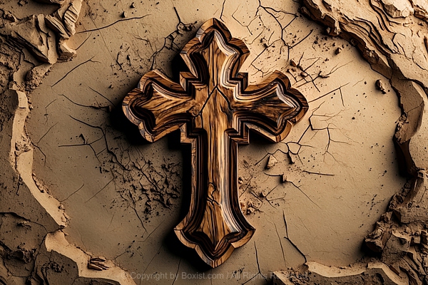 Wooden Gothic Cross Placed On Cracked Mud Background