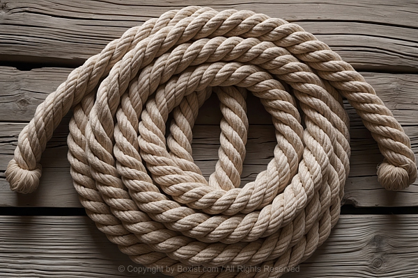Thick Coiled Rope Neatly Arranged In Loop On Wooden Background