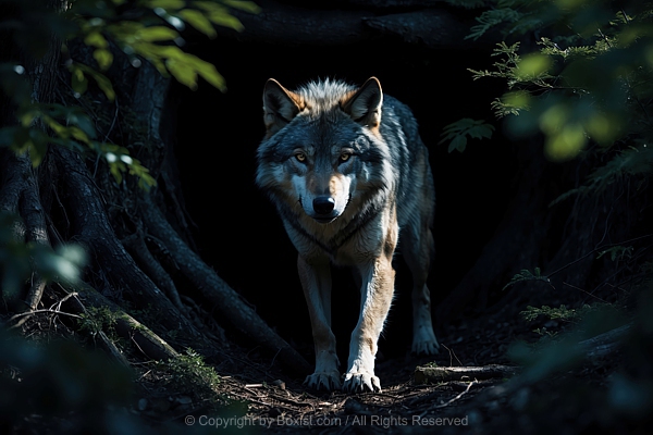 View Over Wild Wolf Steps Forward From The Darkness Of Its Den In The Forest