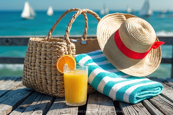 Striped Towel With Glass Of Orange Juice And Straw Hat  And Bag Against Blurred Ocean View