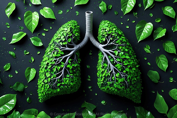 Stylized Lungs Made of Branches and Green Leaves