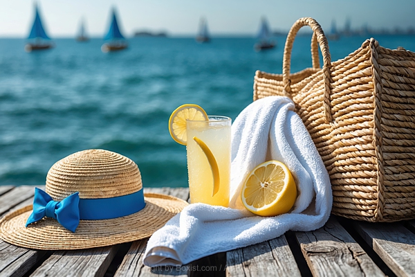 Straw Hat With Beach Towel And Lemon Juice And Straw Bag Against Blurred Ocean View With Sailboats