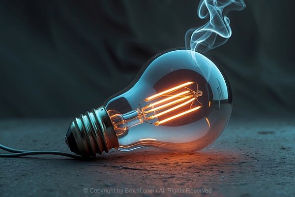 Traditional Incandescent Light Bulb Lying On Its Side With Glowing Filament Inside And Smoke Rises