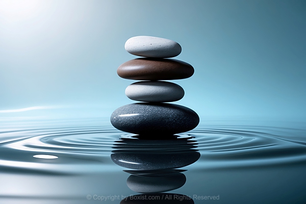 Stack Of Rounded Stones Balanced On Top Of Each Other With Reflection On Water Surface