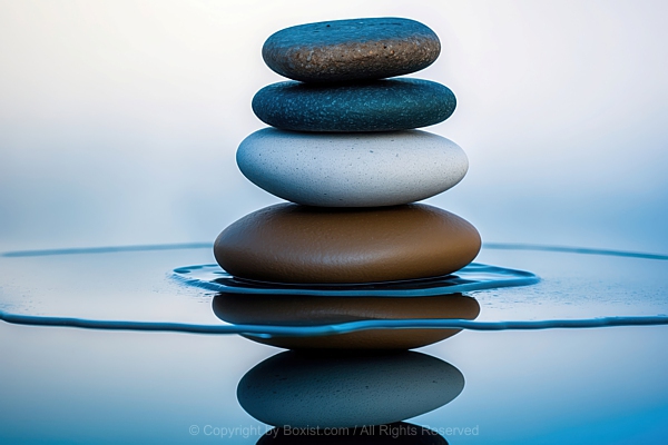 Stack Of Smooth Rounded Stones Balanced On Top Of Each Other On Water Surface