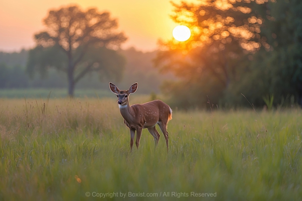 Young Deer Stands Gracefully In Grass Field Background
