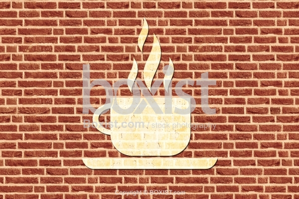 Hot Coffee Cup Sign on Bricks Wall