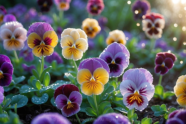 View Over Colored Pansies In Garden