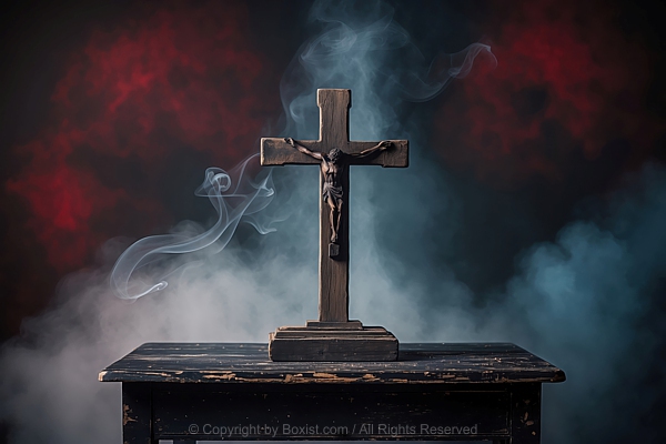 Wooden Cross Placed On Old Wooden Table With Wisps Of Smoke