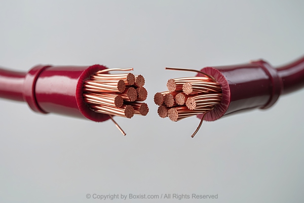 Red Electrical Cable Cut With Multiple Copper Wires Inside