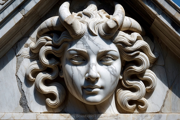 Marble Stone Relief Depicting Head With Two Horns