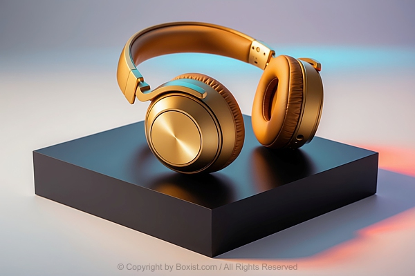 Modern Golden Color Wireless Headphone Placed On Black Surface
