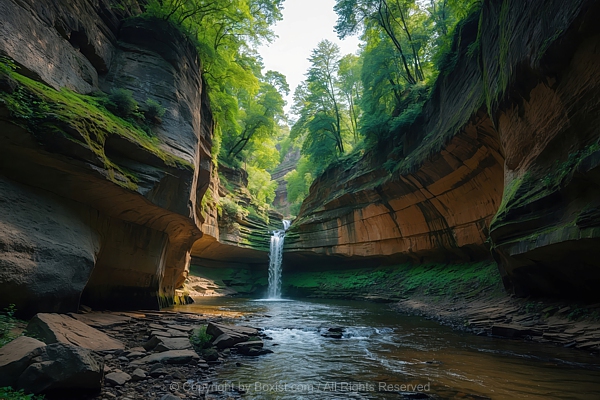 Narrow Canyon With Rugged Rock Small Waterfall