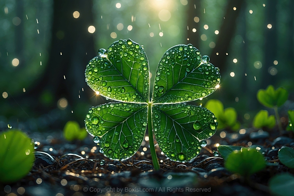 Macro Closeup Of Wet Four Leaved Clover Plant