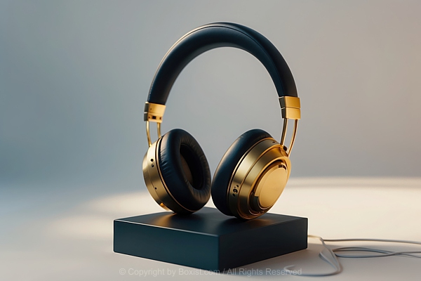 Modern Golden Color Headphone Placed On Black Surface Against Bright Background