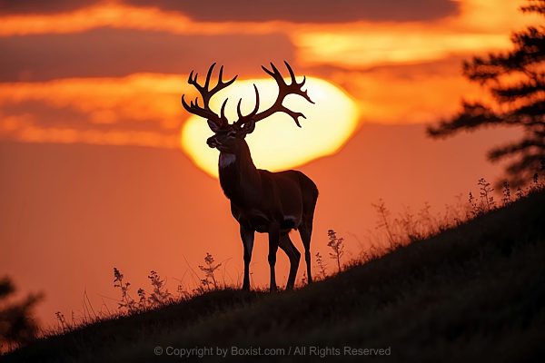 Silhouette Of Majestic Deer With Large Antlers Stands Against The Sky Sunset