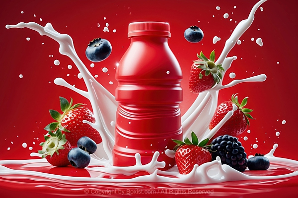 Red Plastic Bottle Of Flavored Milk Against Red Background With Splashes Of Milk And Fresh Types Of Berries
