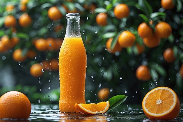 Orange Juice In Bottle Against Green Oranges Trees