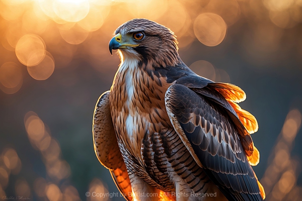 Portrait Of Juvenile Red Tailed Hawks In Golden Hour Light