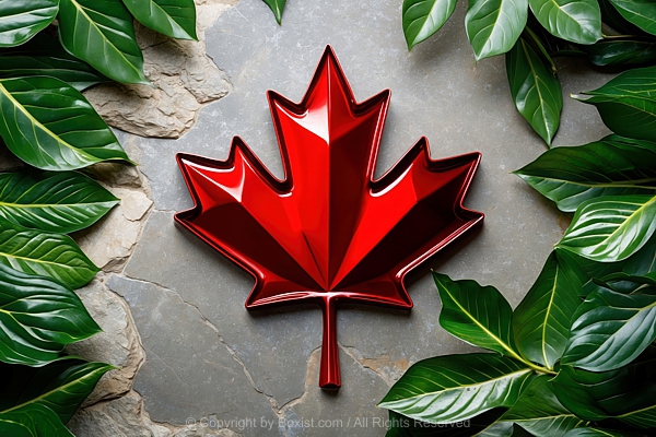Red Shiny Metal Canadian Maple Leaf Symbol With Green Leaves On Smooth Stone Background