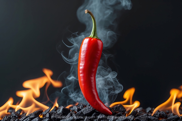 Red Chili Pepper With Smoke Against Fire Background