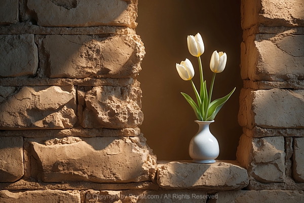 White Tulip Flowers In Ceramic Vase On Old Sandstone Bricks Wall