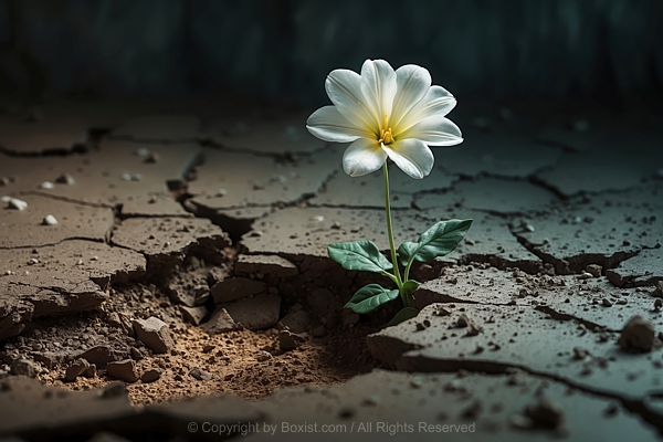 Solitary Flower Emerges Cracked Dry Earth