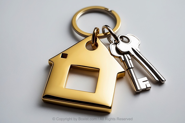 Keychain With A House Shaped Pendant And Two Silver Metallic Keys