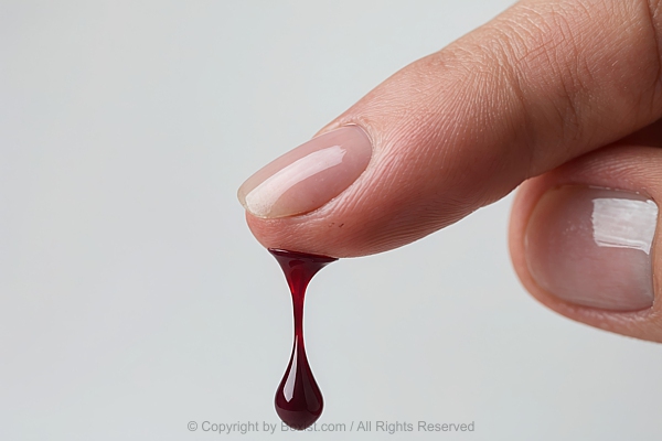 Human Finger Tip With Small Droplet Of Dark Red Liquid Resembling Blood