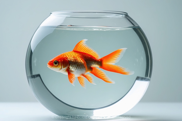 Single Goldfish Swimming In Round Glass Bowl