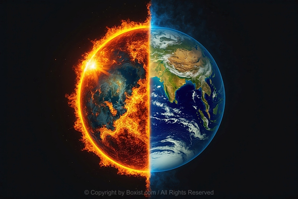 Planet Earth With Half Burning With Fire And Destruction Render Design