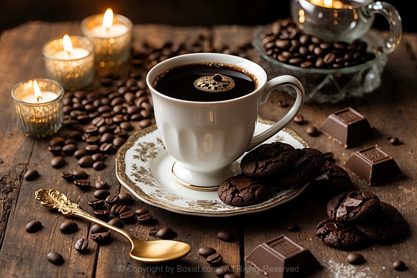 Chocolate Cookies In Plate And Cup Of Hot Coffee