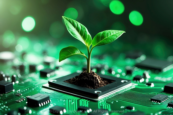 Green Seedling Breaks Through The Surface Of Electronic Circuit Board