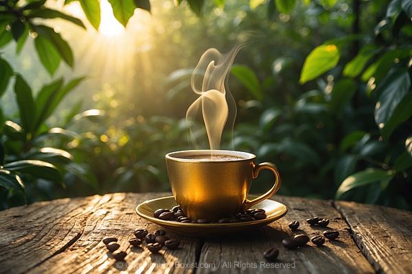 Golden Ceramic Cup Of Coffee On Wooden Table With Coffee Beans Surrounded By Lush Greenery