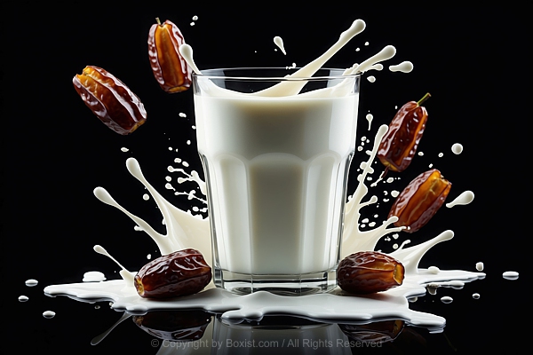Glass Of Milk With Splashes And Fresh Dates Against Black Background