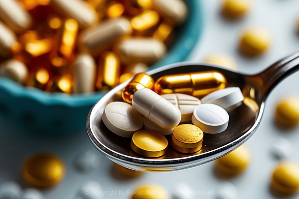 Closeup Of Spoon Filled With Medicine Pills And Capsules