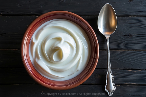 Bowl Of Yogurt With Large Spoon On Wooden Surface