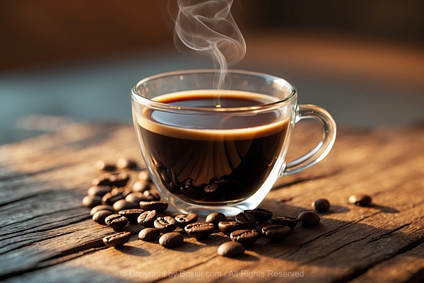 Cup Of Hot Black Coffee With Coffee Beans On Wooden Table Background