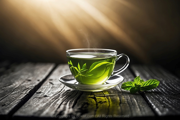 Cup Of Green Tea With Fresh Green Mint Leaves Placed On Rustic Wooden Table