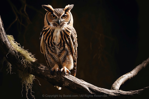 Eurasian Eagle Owl Perching On Branch At Night