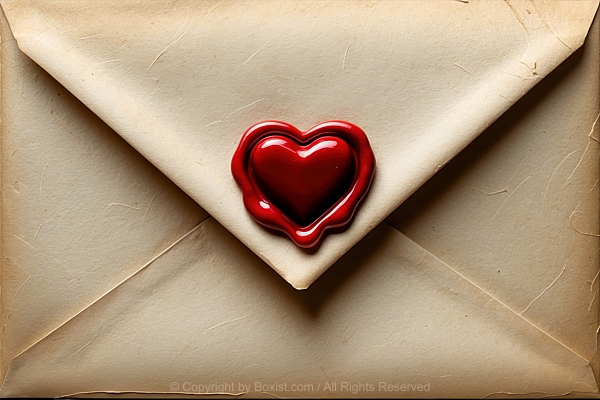 Vintage Style Old Envelope With Textured Paper And Glossy Wax Seal In The Shape Of Heart