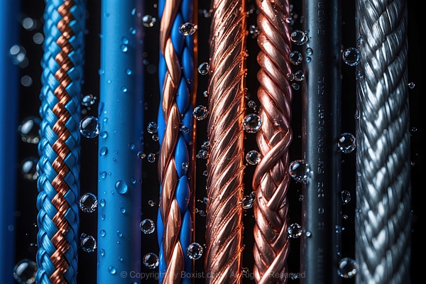 Closeup Of Cables With Exposed Copper Strands And Waterdrops