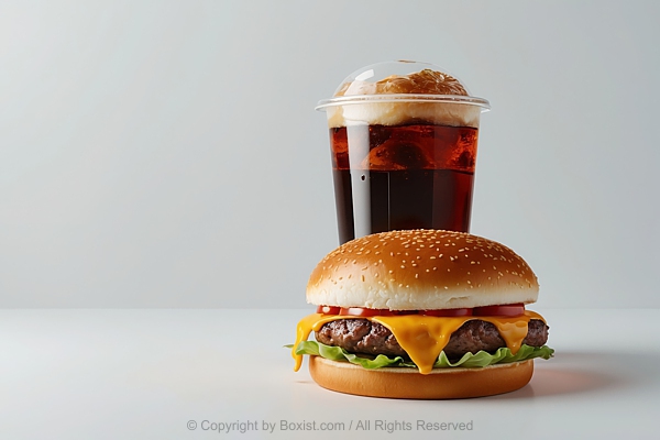 Closeup Of Juicy Cheeseburger And Cola Cup Against Bright Background