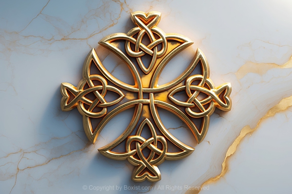 Shiny Golden Celtic Cross Symbol On Smooth Marble Background