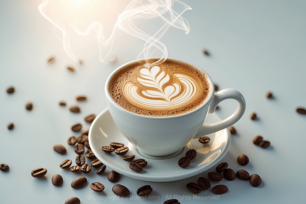 Cappuccino White Cup With Coffee Beans And Crowned With Latte Art Swirling