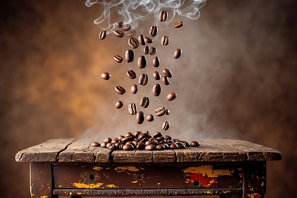 Roasted Coffee Beans Falling On Old Wooden Table