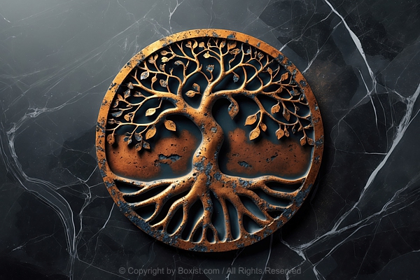 Rusty Metal Circular Symbol Of Tree Of Life On Dark Marble Background
