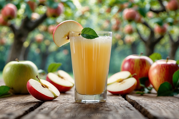 Glass Of Fresh Apple Juice Drink Against Background Of Green Apple Trees